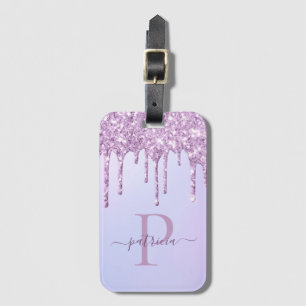 Etiqueta Para Maletas Glam Morado Glitter Goteos Monograma Elegante 