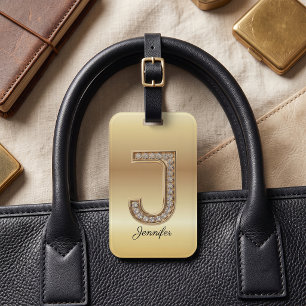 Etiqueta Para Maletas Glam Oro Diamante Monograma Letra Inicial J