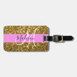 Etiqueta Para Maletas Glam Pink and Gold Purpurina Sparkles Monograma No