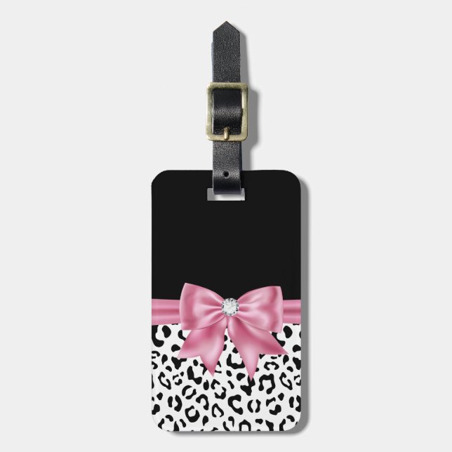 Etiqueta Para Maletas Glam Pink Bow Diamond Black Snow Leopard (Frente Vertical)