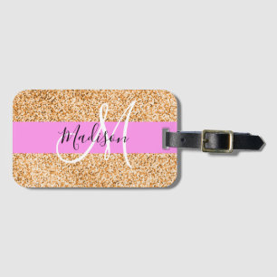 Etiqueta Para Maletas Glam Pink & Copper Glitter Brillantes Monograma No