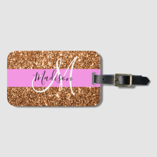 Etiqueta Para Maletas Glam Pink & Copper Glitter Brillantes Monograma No