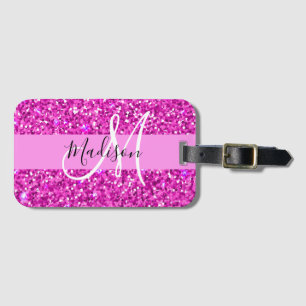 Etiqueta Para Maletas Glam Pink y Magenta Brillo Monograma Nombre