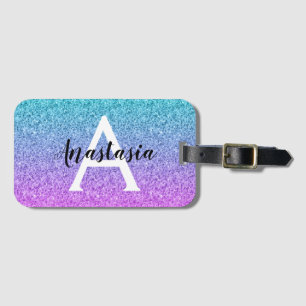 Etiqueta Para Maletas Glam Purple Aqua Purpurina Sparkle Gradiente Monog