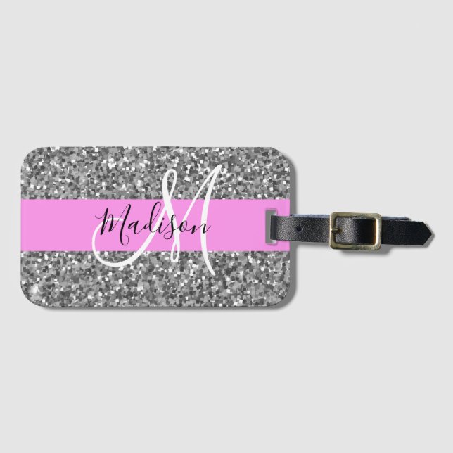 Etiqueta Para Maletas Glam Purpurina rosado y plateado parkles Monograma (Anverso horizontal)
