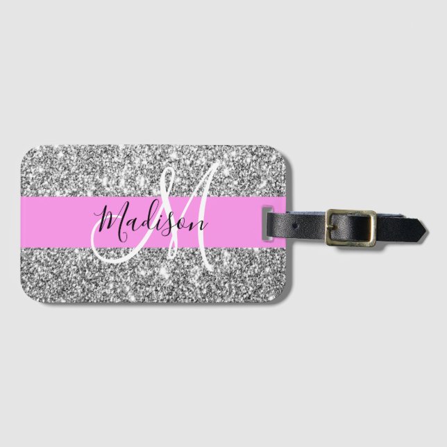 Etiqueta Para Maletas Glam Purpurina rosado y plateado parkles Monograma (Anverso horizontal)