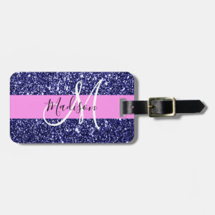 Etiqueta Para Maletas Glam Rosa Azul Marino Brillo Purpurina Monograma