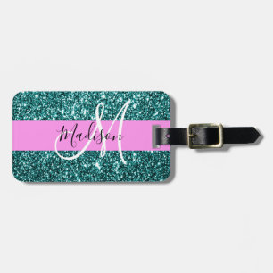Etiqueta Para Maletas Glam Rosa Verde Turquesa Brillo Purpurina Monogram