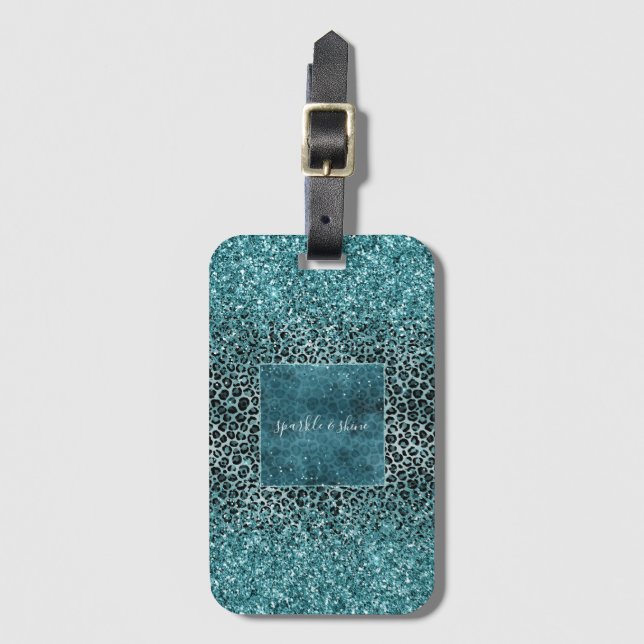 Etiqueta Para Maletas Glam Turquoise Verde azulado Leopardo azul Purpuri (Anverso vertical)