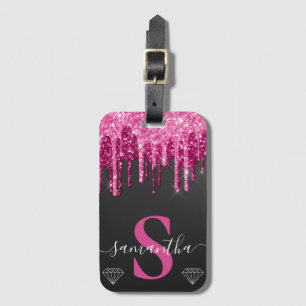 Etiqueta Para Maletas Glitter chorreante rosa caliente sobre monograma n