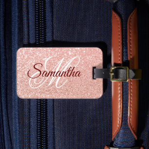 Etiqueta Para Maletas Glitter de oro rosa falso monogramado femenino