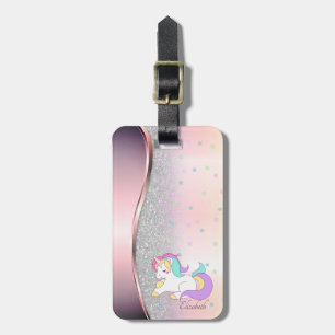 Etiqueta Para Maletas Glitter de plata elegante con bokeh, unicornio, es