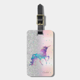Etiqueta Para Maletas Glitter de plata elegante con bokeh, unicornio, es