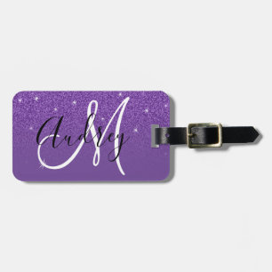 Etiqueta Para Maletas Glitter Ombre Morado Real Monograma Personalizado