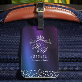 Etiqueta Para Maletas Glittering Crown Monograma Azul morado