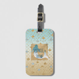 Etiqueta Para Maletas Glitzy Aqua Mermaid Blue Gold Sparkle Purpurina