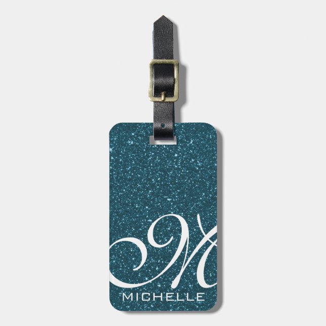 Etiqueta Para Maletas Glitzy Blue Script monogramado (Frente Vertical)