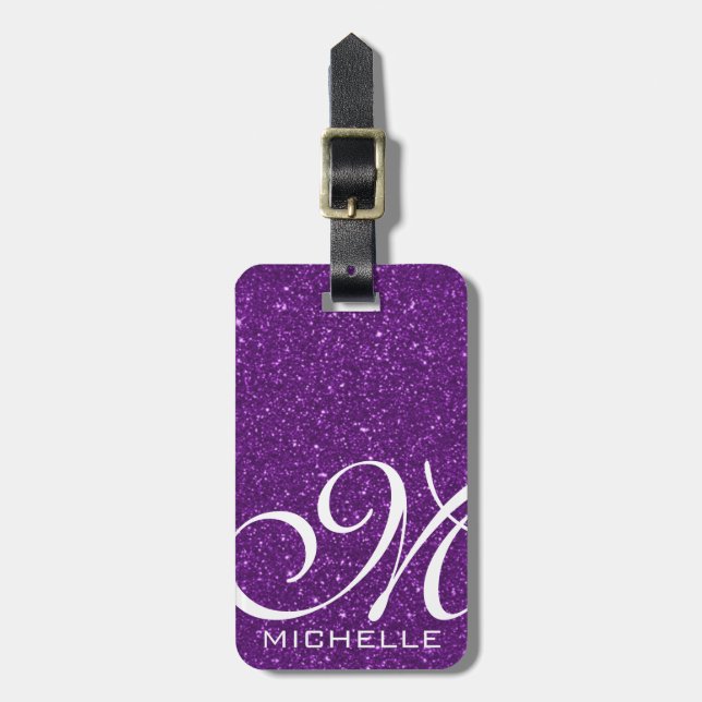Etiqueta Para Maletas Glitzy Purple Script Monogramado (Frente Vertical)