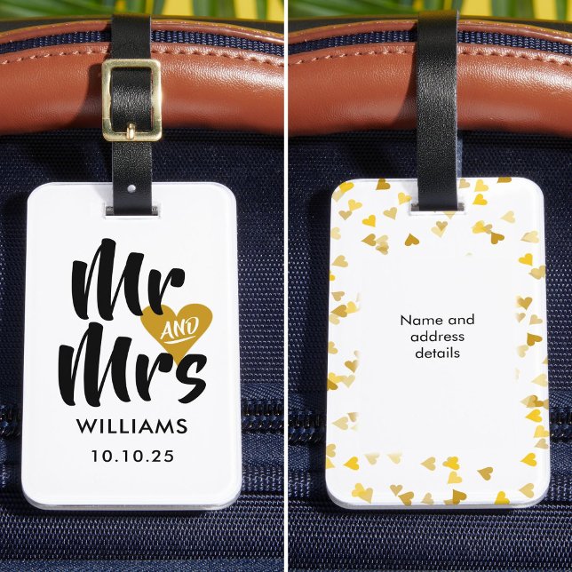 Etiqueta Para Maletas Gold Heart personalizado Sr. y Sra. (Personalized Gold Heart Mr and Mrs Luggage Tag)