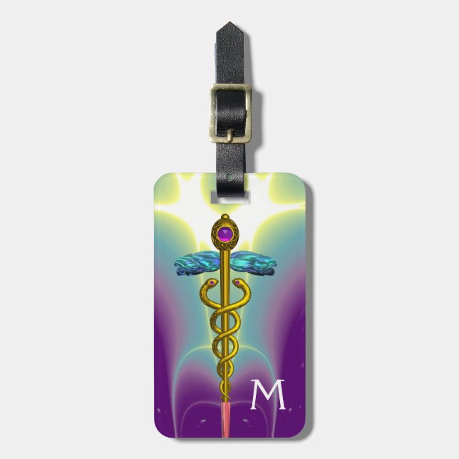 Etiqueta Para Maletas GOLDEN CADUCEUS SYMBOL MONOGRAM Púrpura Verde (Frente Vertical)