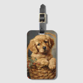 Etiqueta Para Maletas Golden Retriever Puppy en una cesta