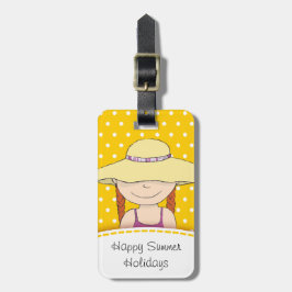 Etiqueta Para Maletas Gorra amarillo brillante chica polka nombre etique