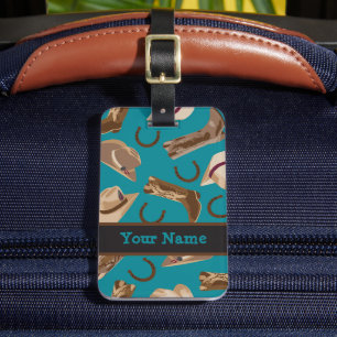 Etiqueta Para Maletas Gorra de Vaquero Occidental Boots Nombre Verde azu