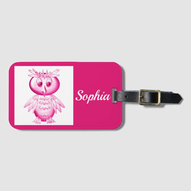 Etiqueta Para Maletas Graciosa Lechuza Rosa Personalizada Niños (Anverso horizontal)