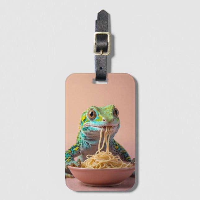 Etiqueta Para Maletas Gracioso Gecko comiendo Spaghetti (Anverso vertical)