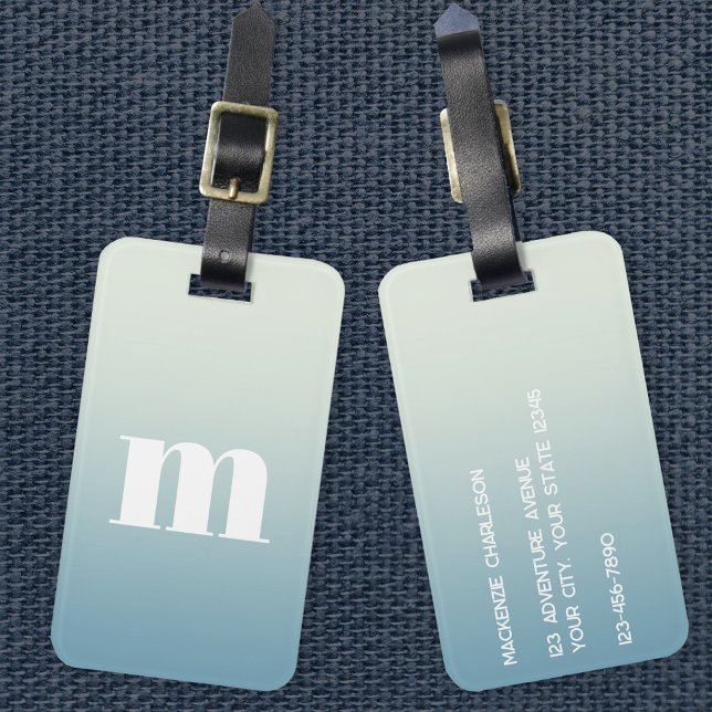 Etiqueta Para Maletas Gradiente azul inicial monograma moderno (Simple modern monogram personalized teal aqua gradient luggage tag)