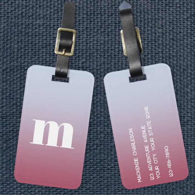 Etiqueta Para Maletas Gradiente azul rosado inicial monograma moderno (Simple modern monogram personalized raspberry pink to pale blue gradient luggage tag)