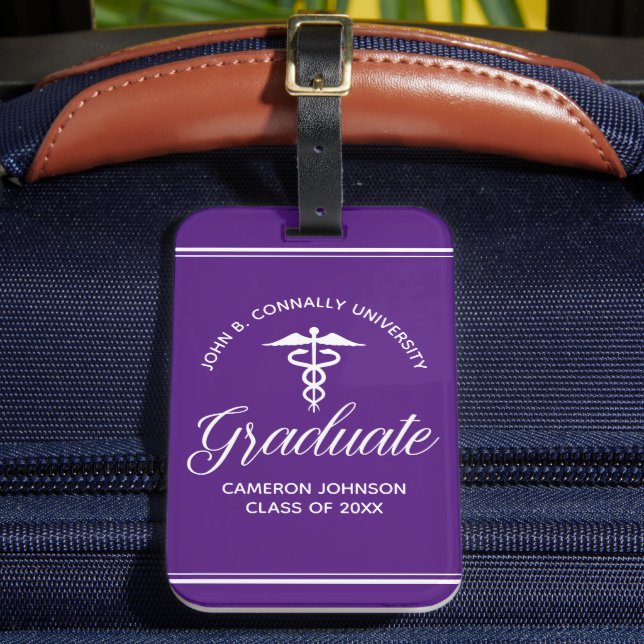 Etiqueta Para Maletas Graduación de la Escuela Médica Púrpura personaliz (Anverso In situ 2)