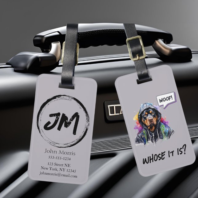 Etiqueta Para Maletas Gray Hip Hop Rottweiler (Gray Rottweiler hip hop luggage tag.)
