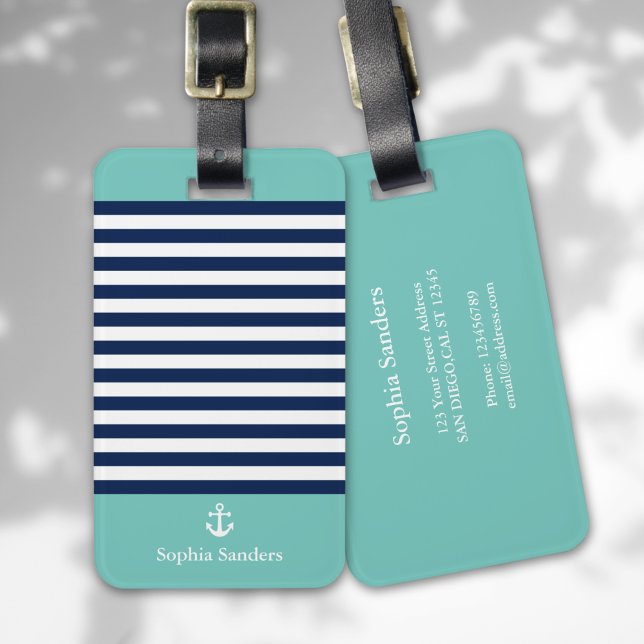 Etiqueta Para Maletas Green and Navy Blue Striped Nautical Pattern (Subido por el creador)