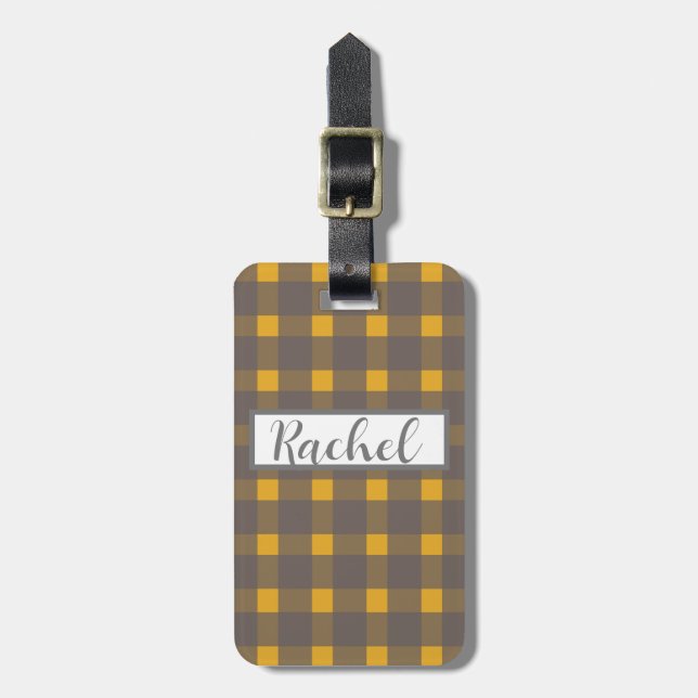 Etiqueta Para Maletas Gris amarillo Gingham personalizado (Frente Vertical)