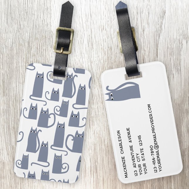 Etiqueta Para Maletas Gris divertido (Fun little gray cat pattern personalized luggage tag for animal lovers)