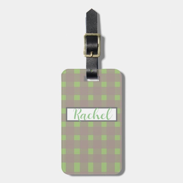 Etiqueta Para Maletas Gris verde Gingham personalizado (Frente Vertical)