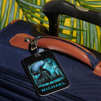 Etiqueta Para Maletas Guay Blue Howling Wolf Moon Forest Personalizado