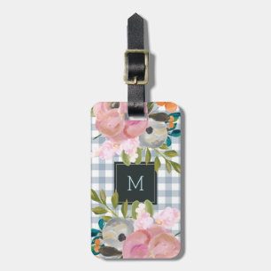 Etiqueta Para Maletas Guinga floral y azul de la acuarela con el