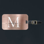 Etiqueta Para Maletas Guión de Monograma Metalizado cepillado de oro Ros<br><div class="desc">Rosa Rosa Rosa Dorado Cepillado con guión Metalizado Monograma etiqueta de bolsa de corte</div>