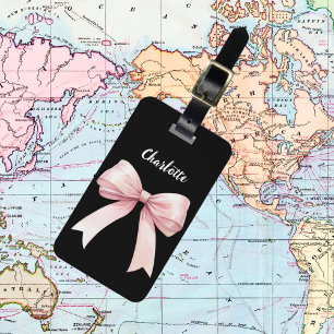 Etiqueta Para Maletas Guión de nombre de lazo rosa negro