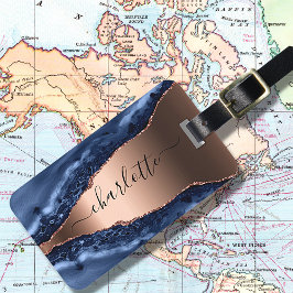 Etiqueta Para Maletas Guión de nombre dorado del rosa de mármol azul