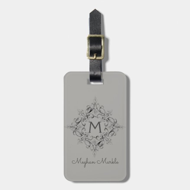 Etiqueta Para Maletas Guión elegante gris monogramado (Frente Vertical)
