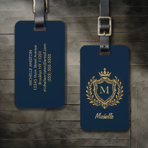 Etiqueta Para Maletas Guión elegante Monograma Personalizado oro azul ma