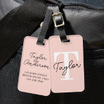 Etiqueta Para Maletas Guión giratorio moderno de monograma rosa Rubor li<br><div class="desc">Moderna etiqueta de bolsa elegante de Rubor color rosa con el nombre de un monograma moderno</div>