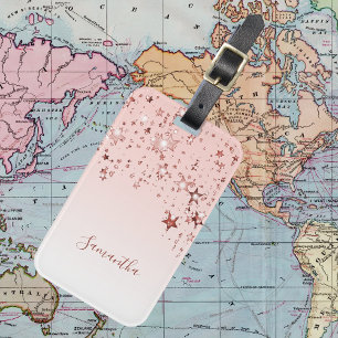 Etiqueta Para Maletas Guión monograma de las estrellas rosadas de color 