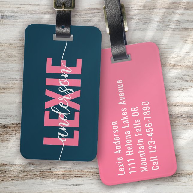 Etiqueta Para Maletas Guión monograma rosa azul personalizado (Subido por el creador)