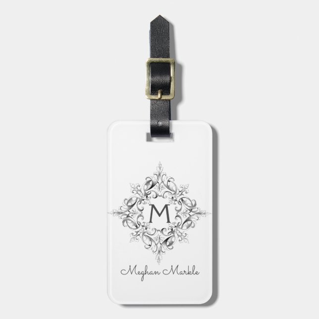 Etiqueta Para Maletas Guión monogramado elegante en blanco y negro (Frente Vertical)