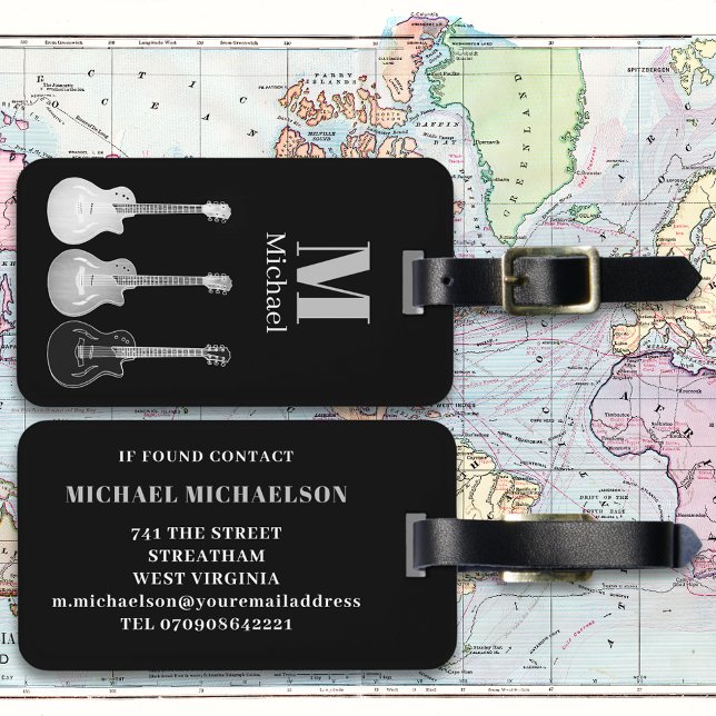 Etiqueta Para Maletas Guitarra eléctrica moderna personalizada (Electric guitar black and gray monogram custom travel luggage tag guitarists musicians music lovers)