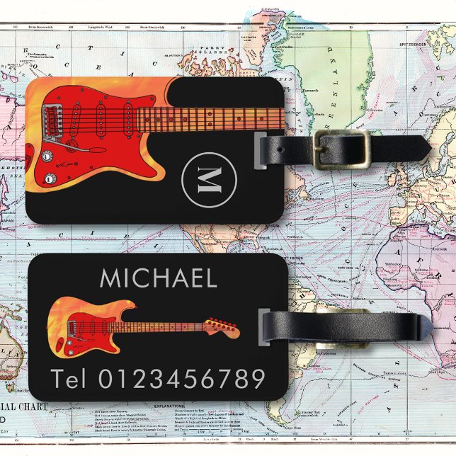 Etiqueta Para Maletas guitarra eléctrica personalizada (Fire electric guitar black personalized monogram travel luggage tag)